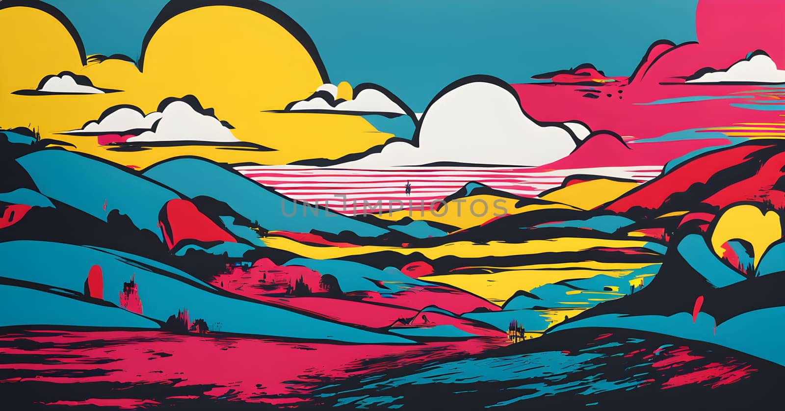 pop art wallpaper background in blue, yellow, pink and red hues