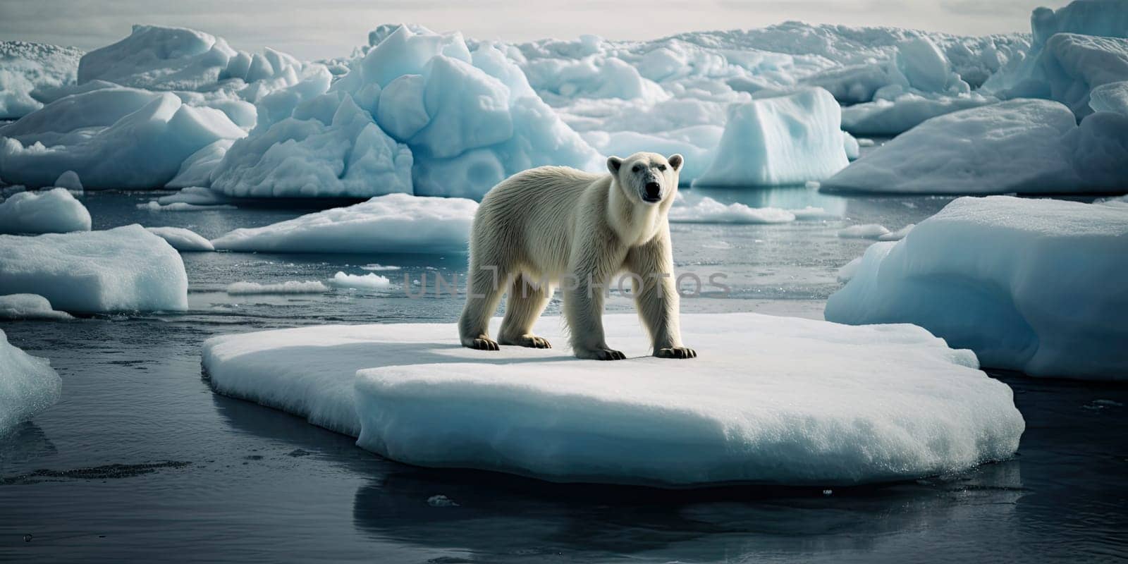 Polar bear on melting ice - AI generated