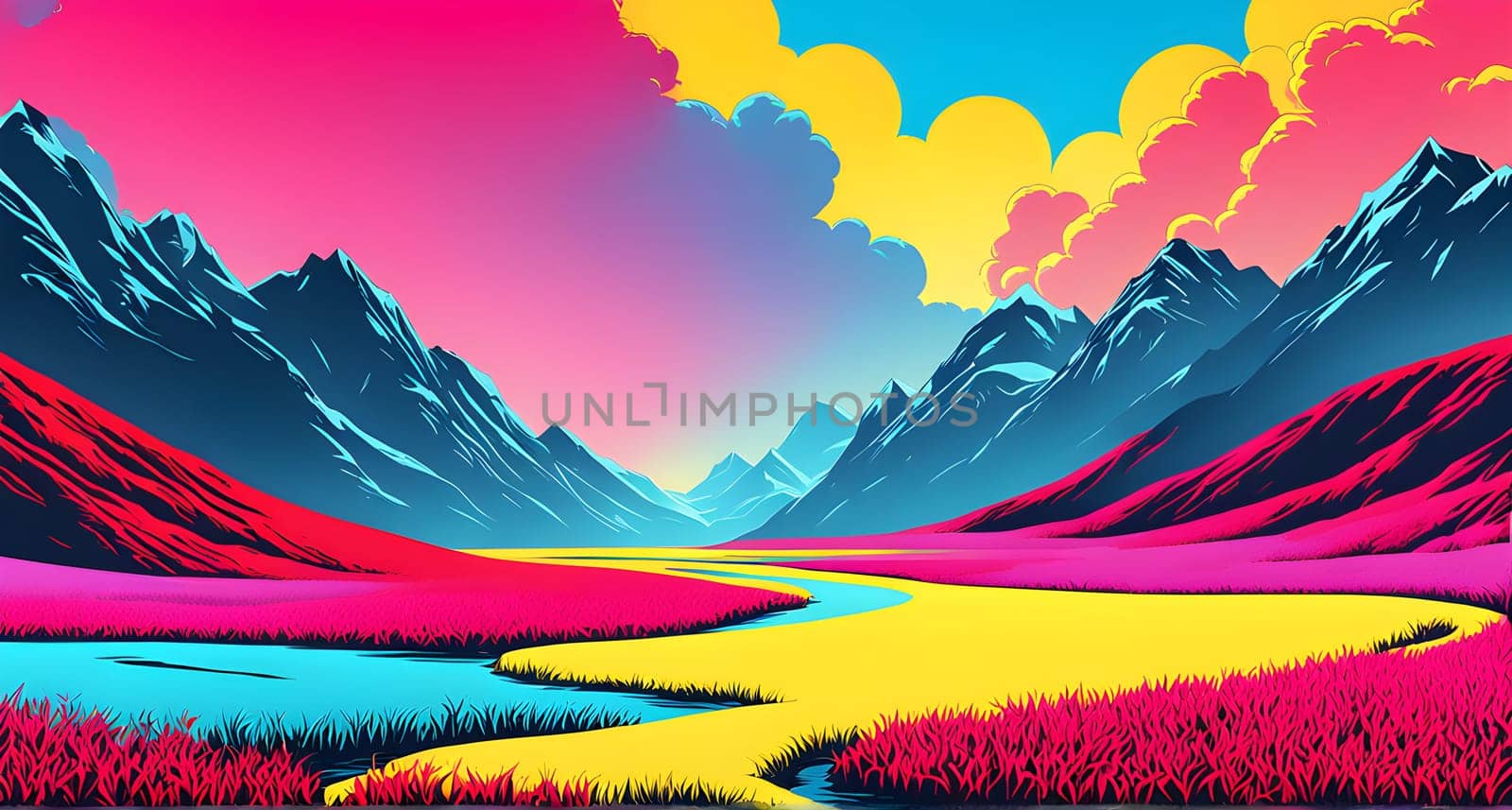 pop art wallpaper background in blue, yellow, pink and red hues