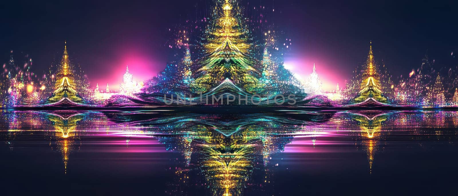 Colorful lights illuminate trees by the water during the festive season. A serene reflection creates a mesmerizing holiday atmosphere.