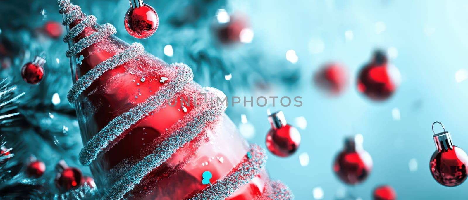A beautifully adorned Christmas tree with red ornaments shines against a blue backdrop evoking festive cheer and warmth.