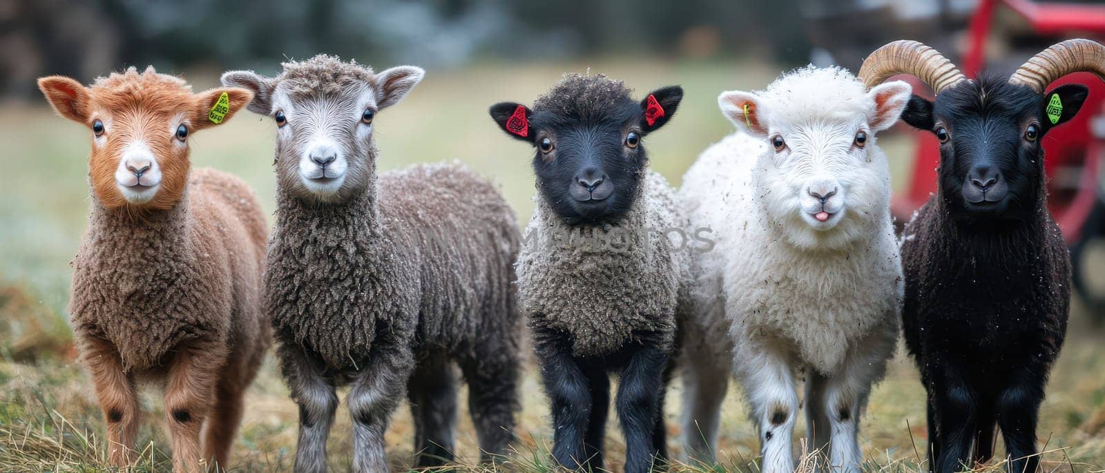 Five distinct sheep stand closely together showcasing their woolly coats and festive presence as they enjoy the winter ambiance of the season.