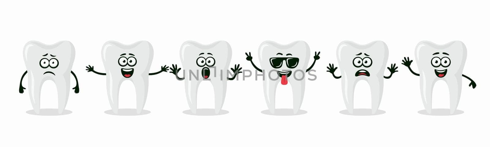 Adorable Tooth Characters Showing Different Emotions. Flat Vector Tooth Illustration - Happy, Excited, Sad, Scared Expressions. Cute Tooth Design Templates for Dental Logos, Marketing, Dental Branding.