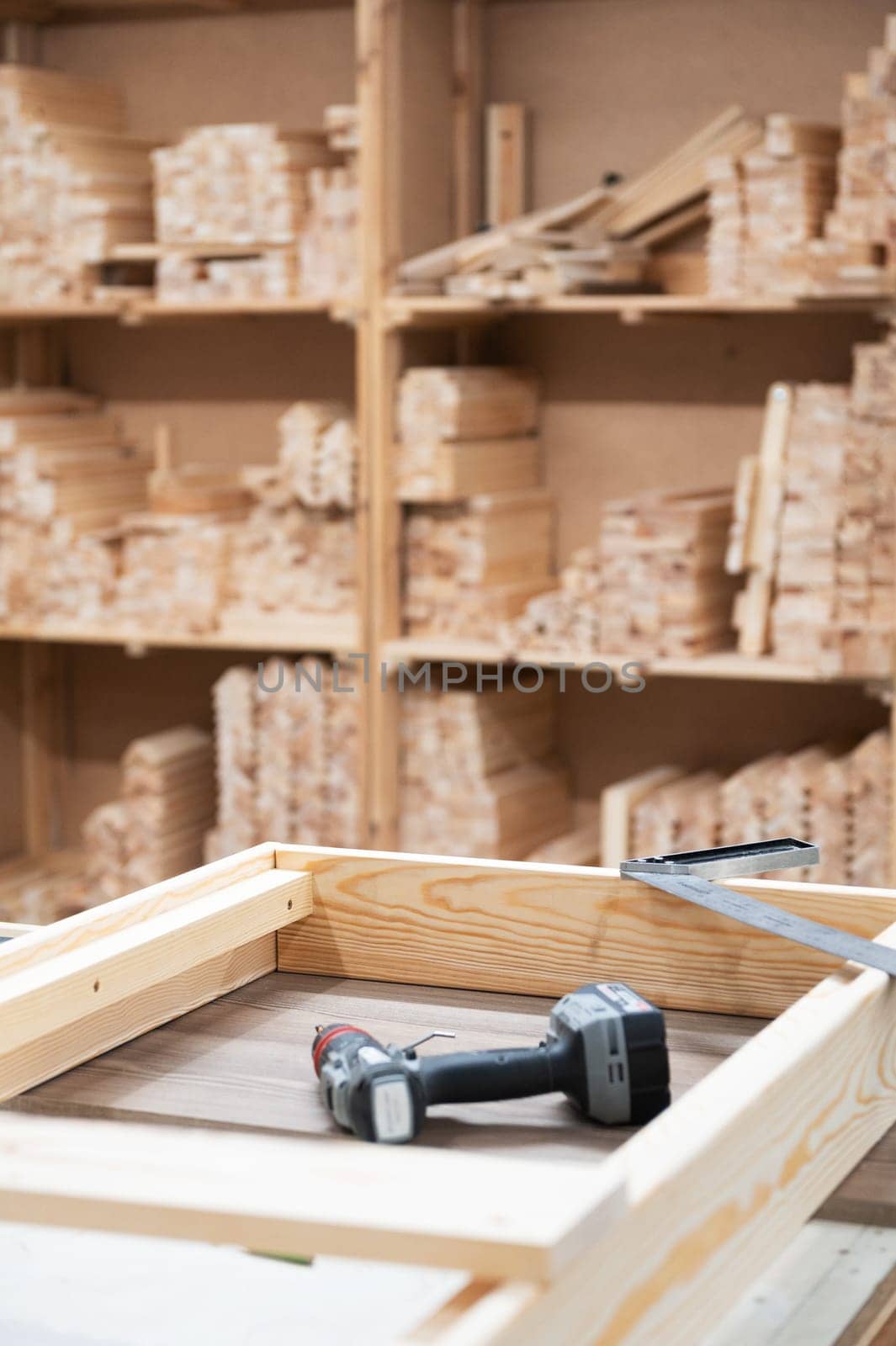 Furniture factory workshop with different wood items.