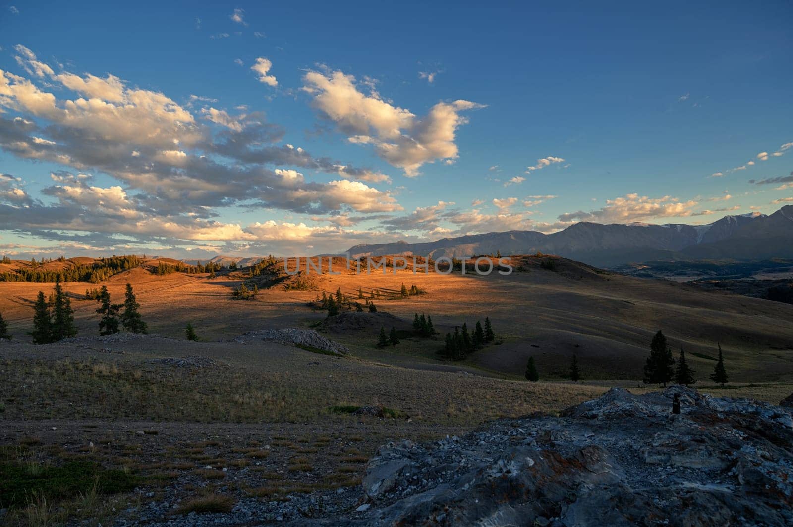 A breathtaking sunset over a rugged mountain landscape, casting warm golden light across hills, trees, and rocky terrain. Altai Mountains