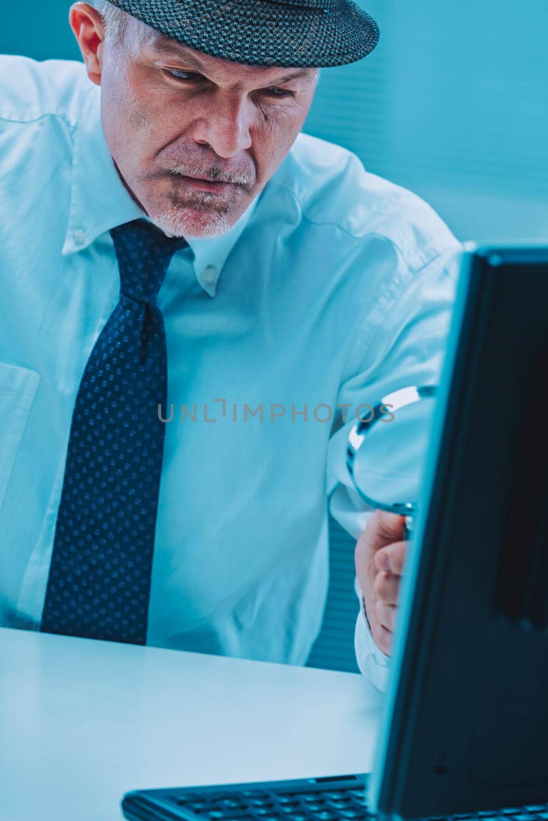 Businessman wearing a hat and tie is carefully examining his computer screen with a magnifying glass, demonstrating deep concentration and attention to detail