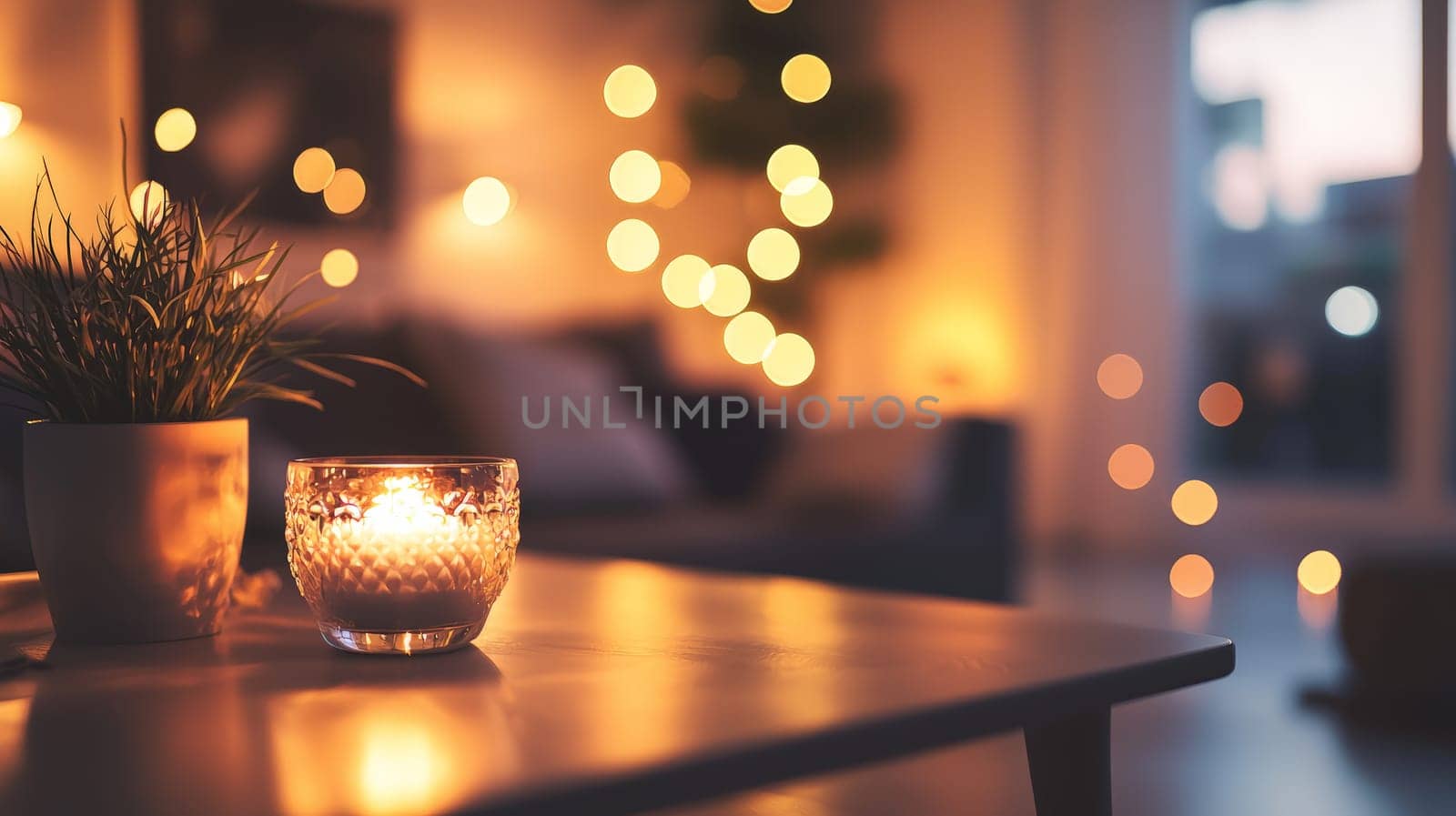 A close-up of a contemporary apartment interior featuring warm ambient lighting and a cozy atmosphere. Captured with a 35mm lens at f/1.8, the ultra-detailed photorealistic image emphasizes the soft textures and balanced illumination. Depth of field and accent lighting enhance the modern decor, highlighting the harmonious blend of style and comfort.