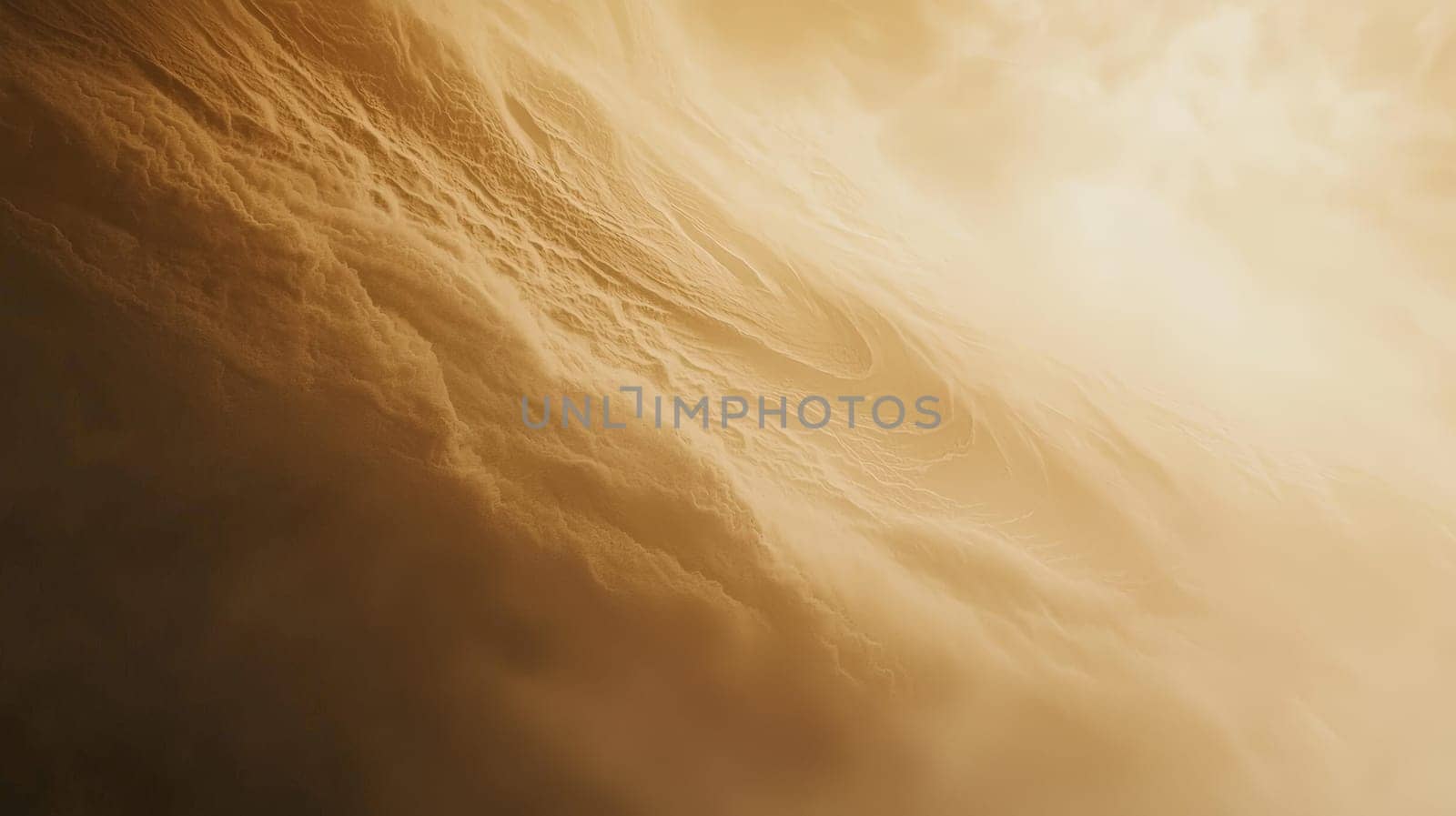 A dense, swirling formation of fine brown dust particles floating in the air, creating a hazy and ethereal atmosphere. Layers of drifting dust shimmer subtly, catching the light and adding depth and texture. The background fades to a bright beige, emphasizing the delicate movement and intricate details of the dust cloud.
