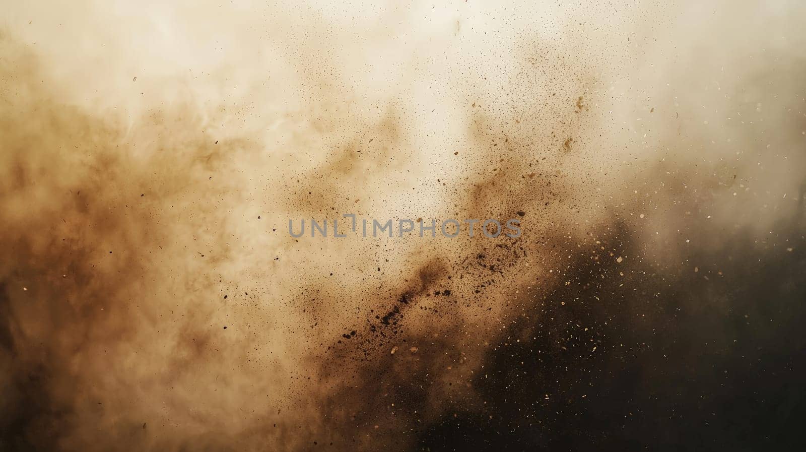 A dense, swirling formation of fine brown dust particles floating in the air, creating a hazy and ethereal atmosphere. Layers of drifting dust shimmer subtly, catching the light and adding depth and texture. The background fades to a bright beige, emphasizing the delicate movement and intricate details of the dust cloud.