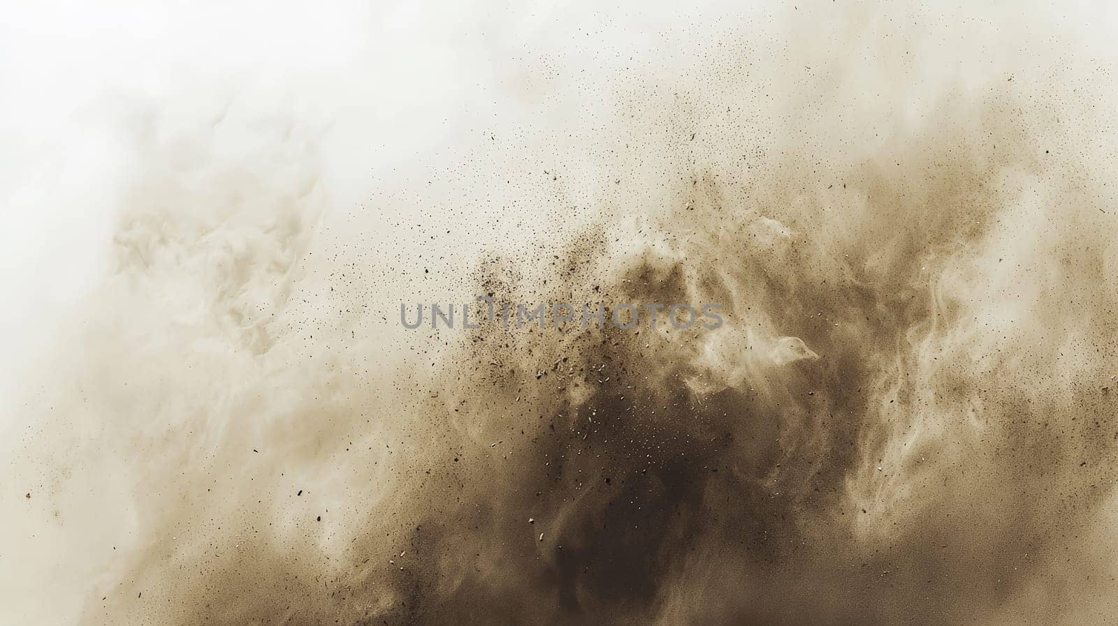 A dense, swirling formation of fine brown dust particles floating in the air, creating a hazy and ethereal atmosphere. Layers of drifting dust shimmer subtly, catching the light and adding depth and texture. The background fades to a bright beige, emphasizing the delicate movement and intricate details of the dust cloud.