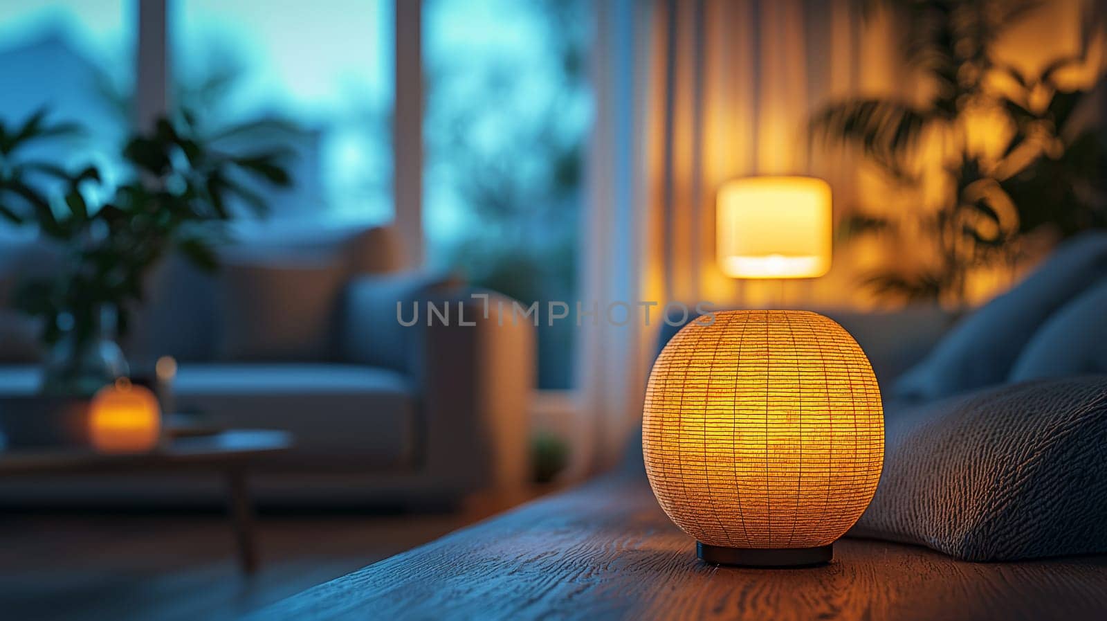 A close-up of a contemporary apartment interior featuring warm ambient lighting and a cozy atmosphere. Captured with a 35mm lens at f/1.8, the ultra-detailed photorealistic image emphasizes the soft textures and balanced illumination. Depth of field and accent lighting enhance the modern decor, highlighting the harmonious blend of style and comfort.