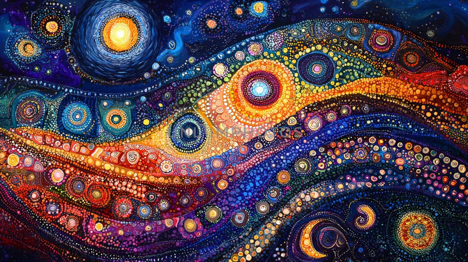 A vibrant depiction of Aboriginal Dreamtime art, featuring intricate patterns, symbolic designs, and earthy tones that convey the spiritual connection to land and ancestry. This artwork embodies storytelling, tradition, and the profound cultural heritage of Australia's First Nations people.
