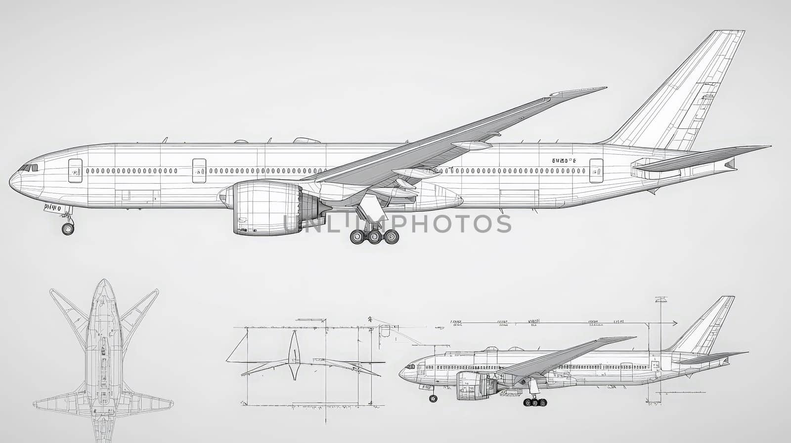 A meticulously crafted, realistic blueprint of a Boeing airplane, showcasing its intricate engineering details. This technical illustration features precise lines, labeled components, and a clean layout, highlighting the wings, fuselage, engines, and tail. The design reflects the sophistication of modern aerospace engineering, presented on a classic blueprint background for a professional and educational appeal.