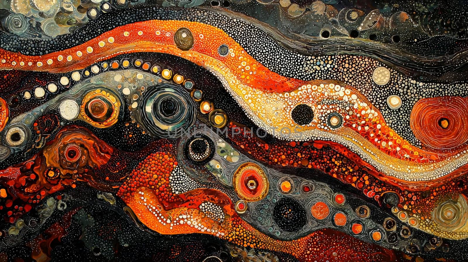 A vibrant depiction of Aboriginal Dreamtime art, featuring intricate patterns, symbolic designs, and earthy tones that convey the spiritual connection to land and ancestry. This artwork embodies storytelling, tradition, and the profound cultural heritage of Australia's First Nations people.