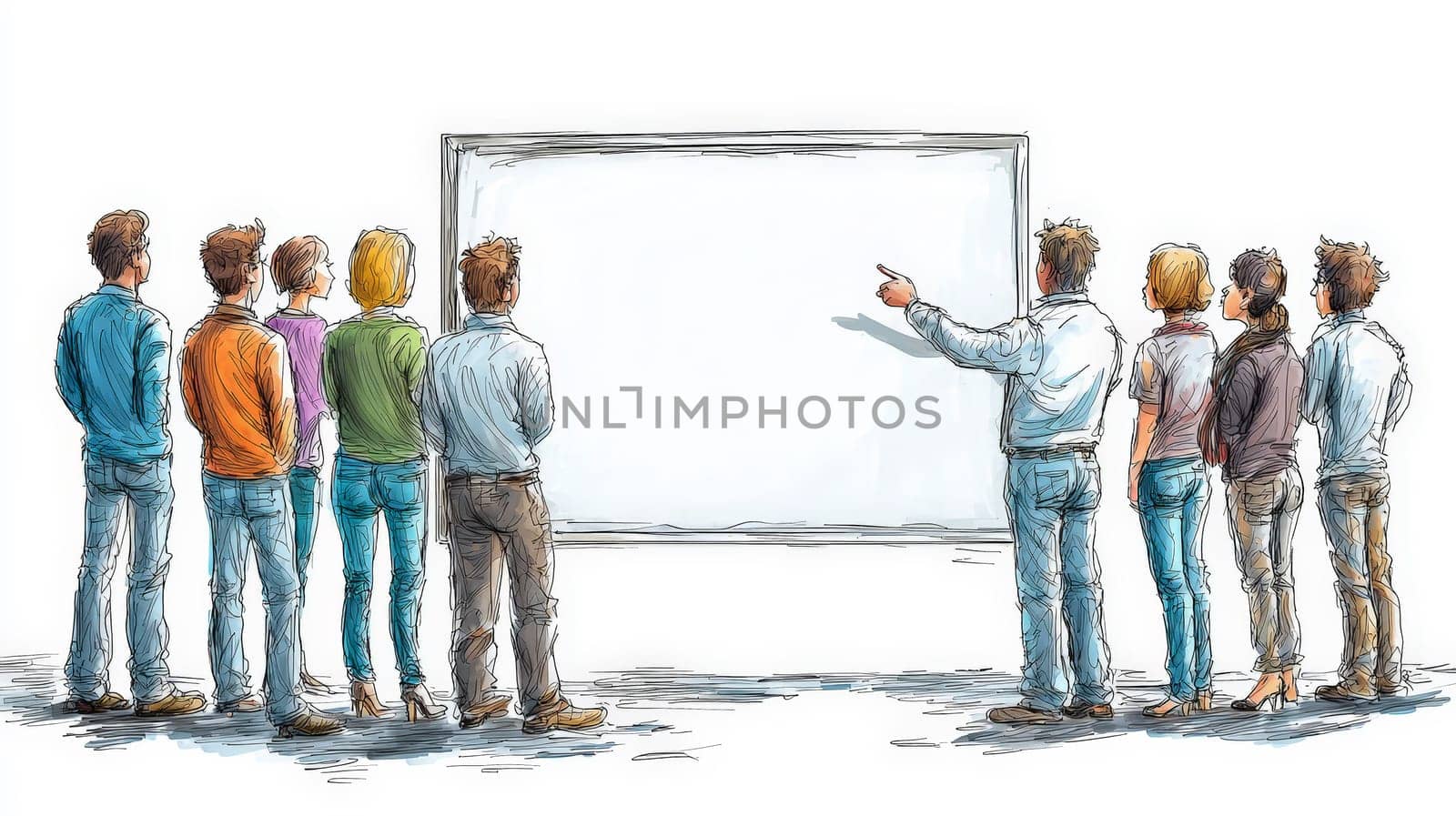 A clean and simple corporate illustration depicting a small group of people engaged in a collaborative discussion around a large whiteboard. One individual leads the conversation, pointing to the board, fostering teamwork and idea-sharing in a professional setting.