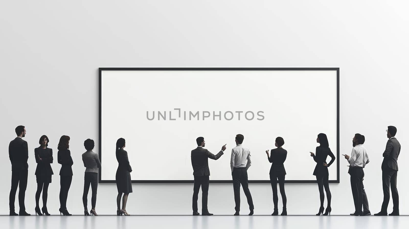 A clean and simple corporate illustration depicting a small group of people engaged in a collaborative discussion around a large whiteboard. One individual leads the conversation, pointing to the board, fostering teamwork and idea-sharing in a professional setting.