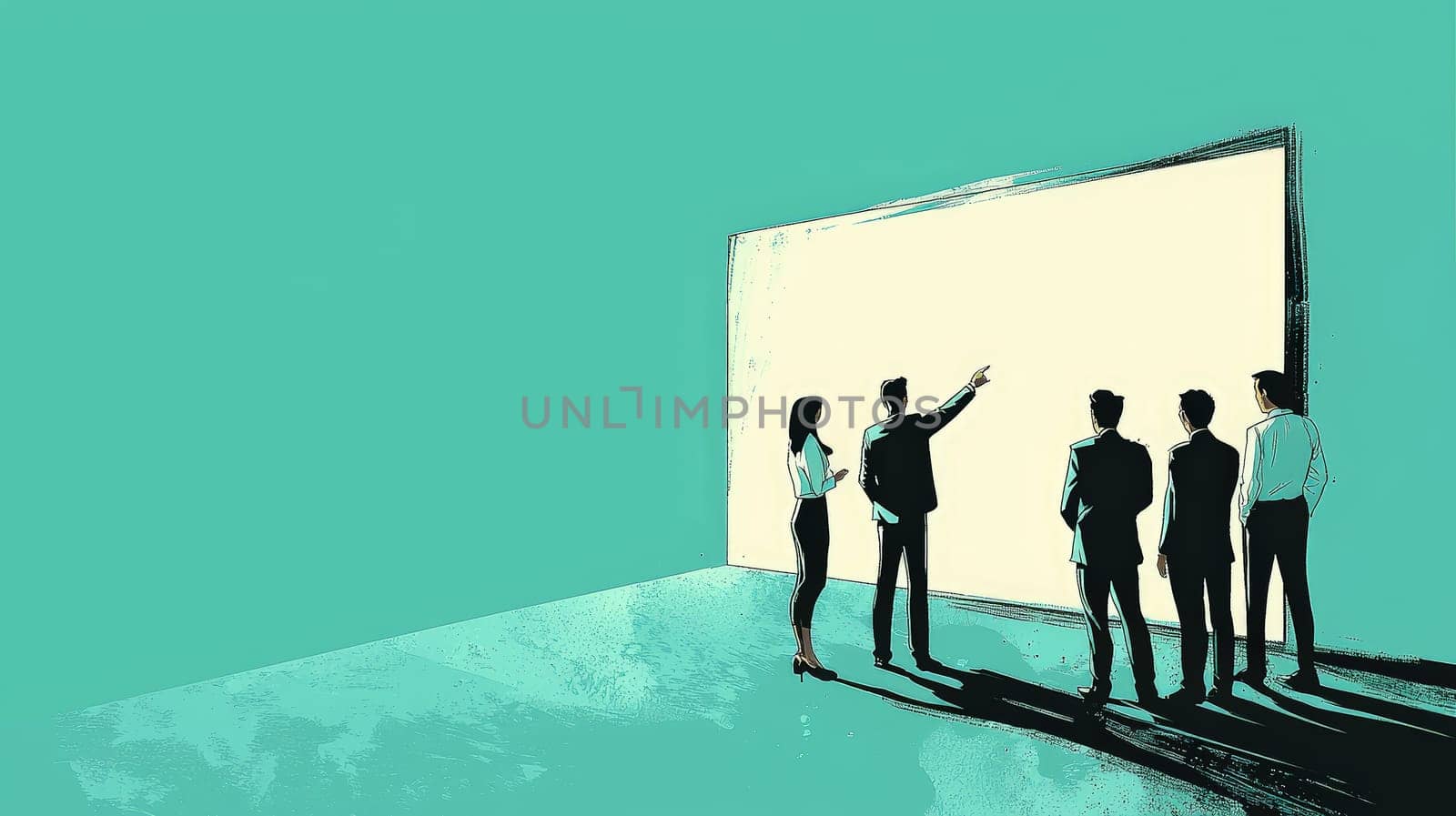 A clean and simple corporate illustration depicting a small group of people engaged in a collaborative discussion around a large whiteboard. One individual leads the conversation, pointing to the board, fostering teamwork and idea-sharing in a professional setting.