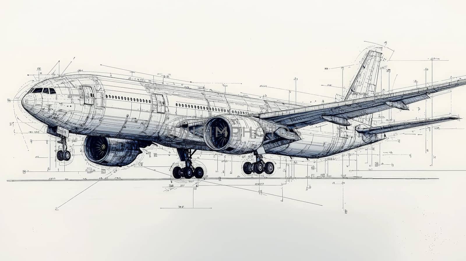 A meticulously crafted, realistic blueprint of a Boeing airplane, showcasing its intricate engineering details. This technical illustration features precise lines, labeled components, and a clean layout, highlighting the wings, fuselage, engines, and tail. The design reflects the sophistication of modern aerospace engineering, presented on a classic blueprint background for a professional and educational appeal.