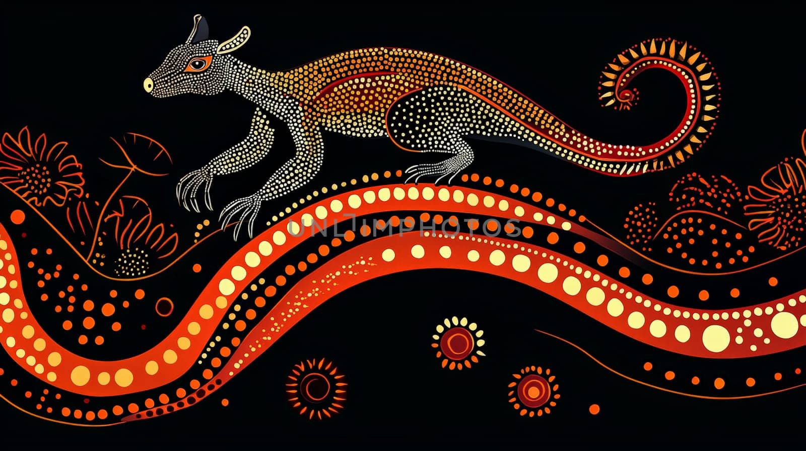 A vibrant depiction of Aboriginal Dreamtime art, featuring intricate patterns, symbolic designs, and earthy tones that convey the spiritual connection to land and ancestry. This artwork embodies storytelling, tradition, and the profound cultural heritage of Australia's First Nations people.