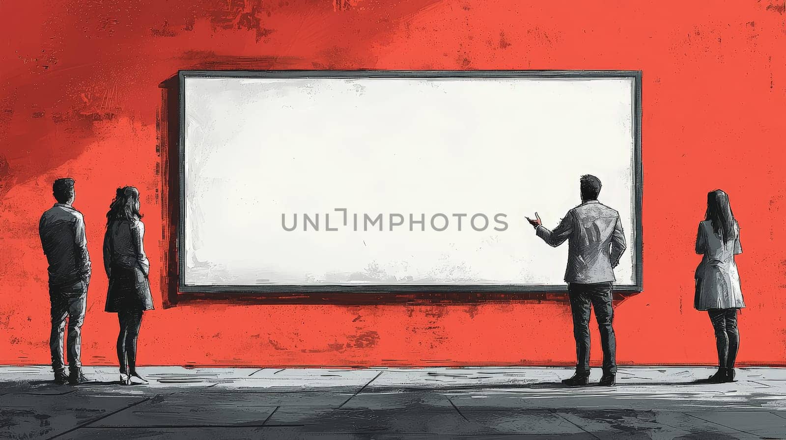 A clean and simple corporate illustration depicting a small group of people engaged in a collaborative discussion around a large whiteboard. One individual leads the conversation, pointing to the board, fostering teamwork and idea-sharing in a professional setting.