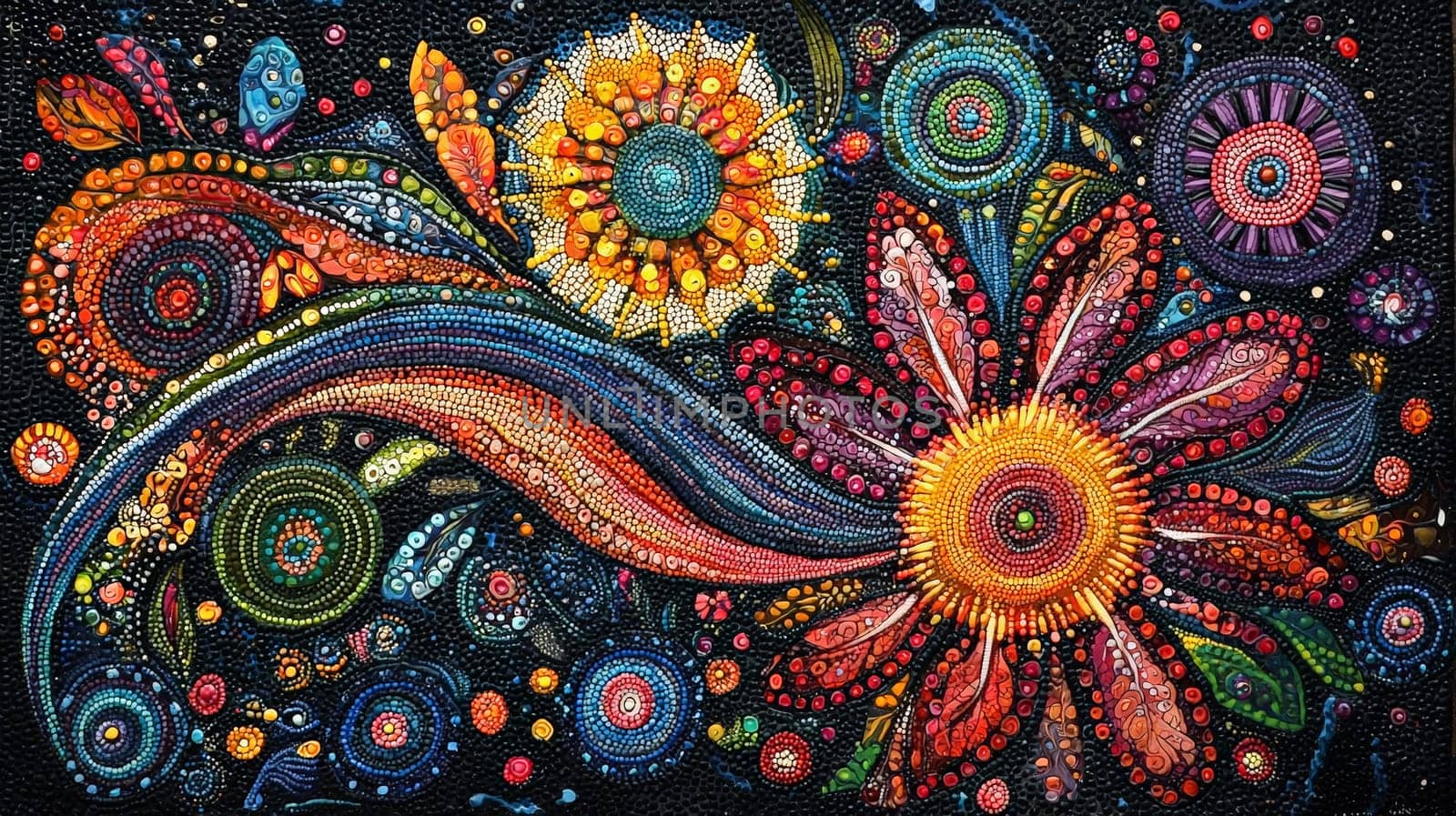 A vibrant depiction of Aboriginal Dreamtime art, featuring intricate patterns, symbolic designs, and earthy tones that convey the spiritual connection to land and ancestry. This artwork embodies storytelling, tradition, and the profound cultural heritage of Australia's First Nations people.