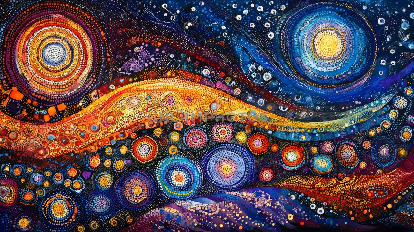 A vibrant depiction of Aboriginal Dreamtime art, featuring intricate patterns, symbolic designs, and earthy tones that convey the spiritual connection to land and ancestry. This artwork embodies storytelling, tradition, and the profound cultural heritage of Australia's First Nations people.