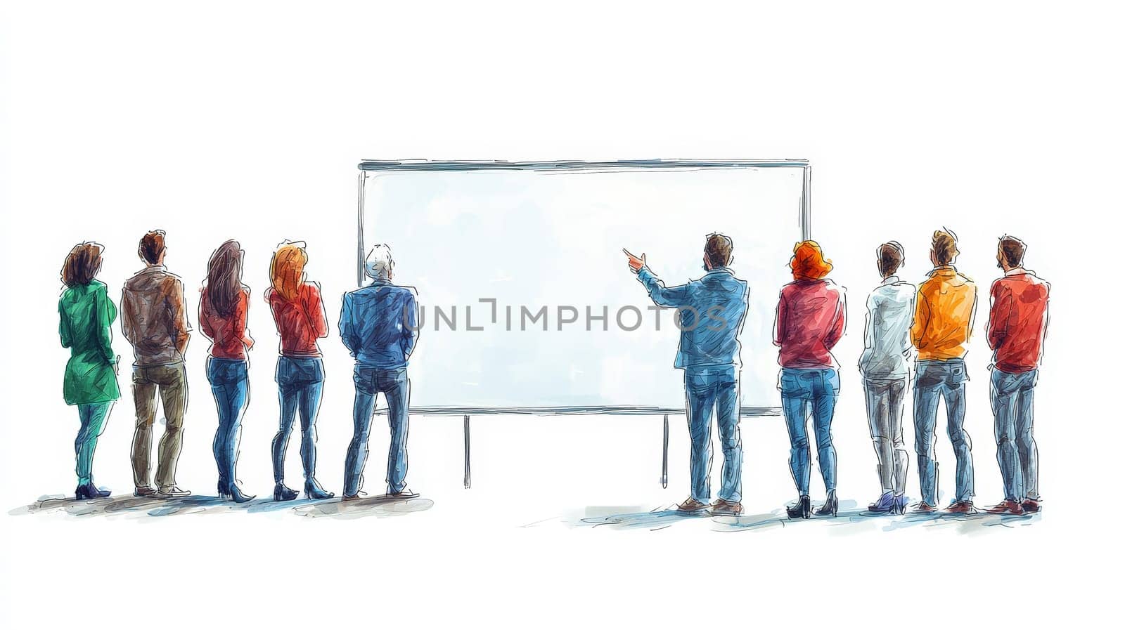 A clean and simple corporate illustration depicting a small group of people engaged in a collaborative discussion around a large whiteboard. One individual leads the conversation, pointing to the board, fostering teamwork and idea-sharing in a professional setting.