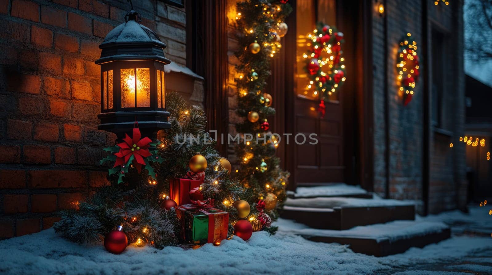 Christmas decorations with lights, baubles and lantern in street of old town at night. Holiday illumination outdoors.