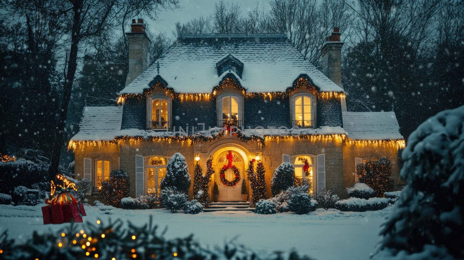 French style house decorated and illuminated for Christmas and New Year. City mansion in winter park covered with snow.