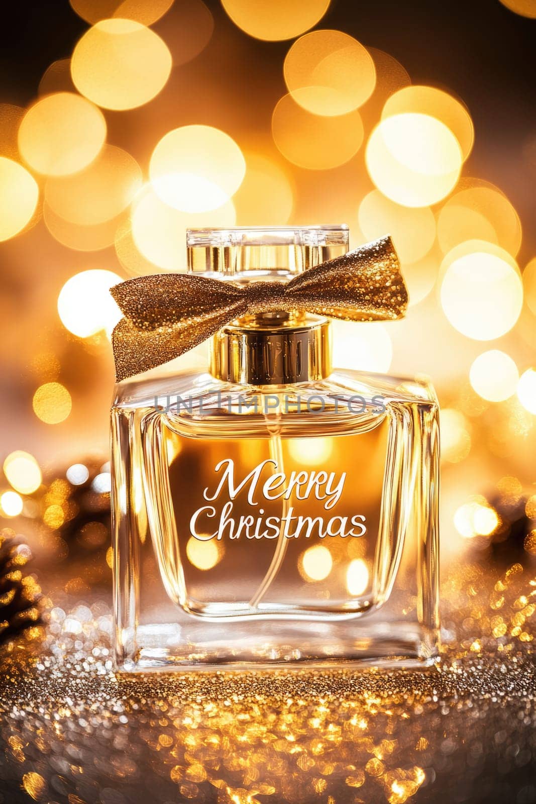 Transparent perfume bottle with Merry Christmas text and a bow on golden bokeh background with copy space. New Year gift.
