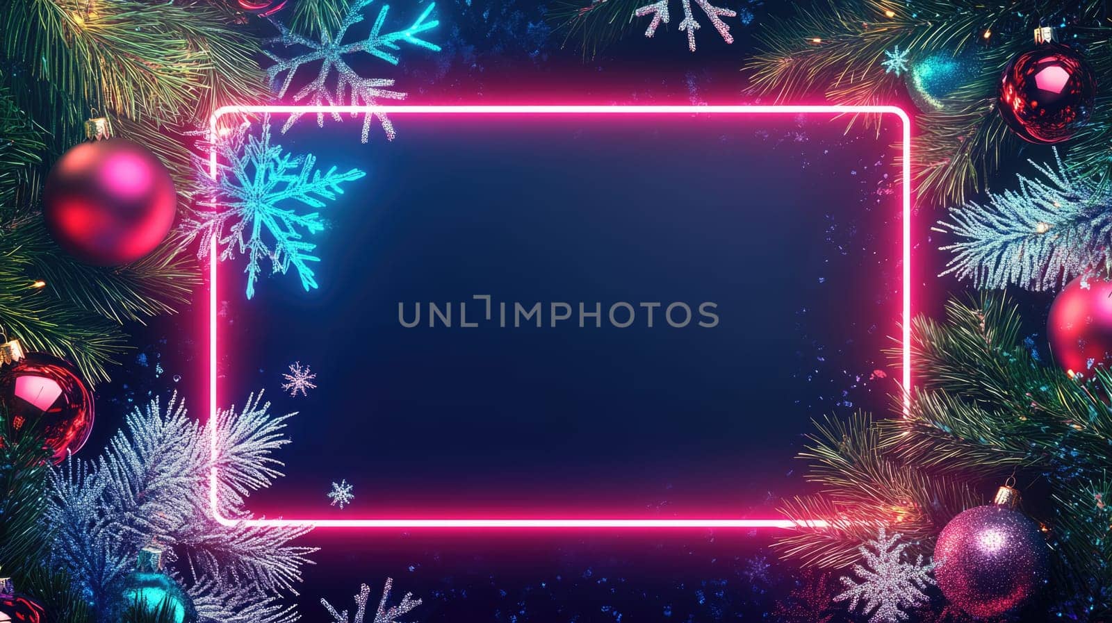 Colourful Christmas neon frame with baubles, fir tree twigs and garland lights on dark background, copy space for text.