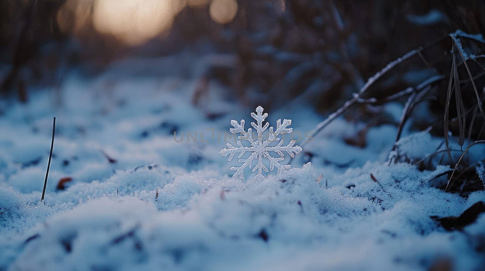 Snowflake on the snow in the woods. Seasonal winter image with copy space.