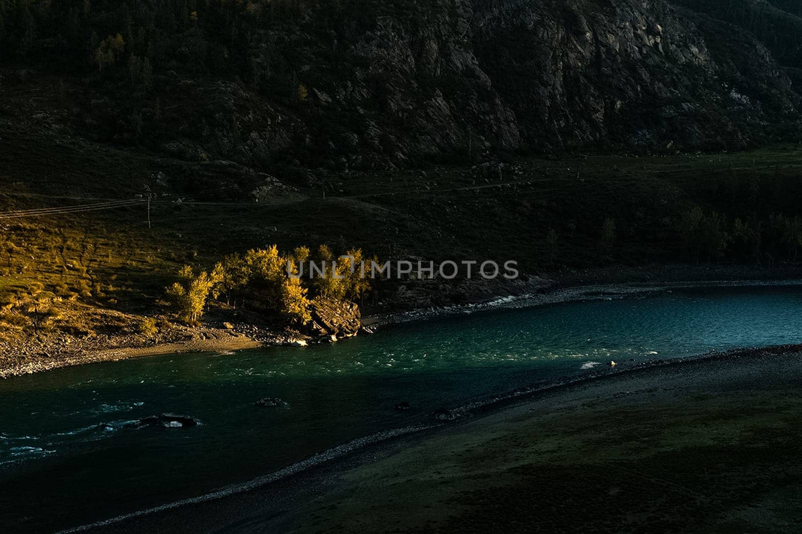 The mountain river flows over the rocks. The rivers are altai. Nature is altai.