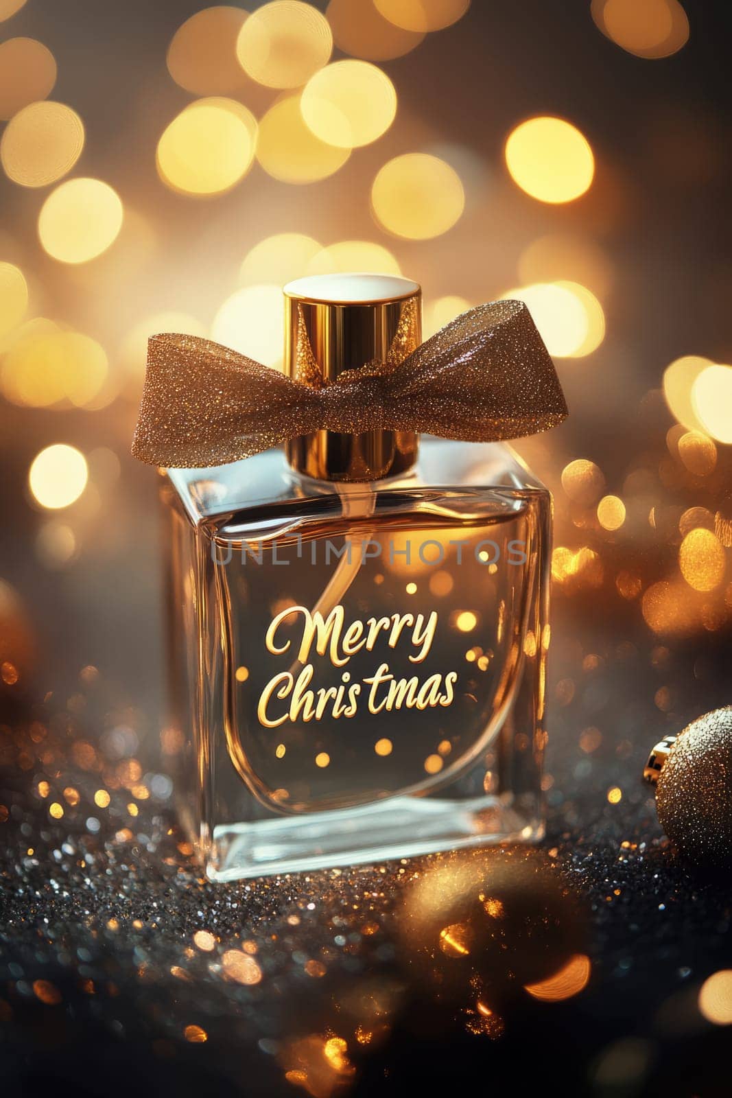 Transparent perfume bottle with Merry Christmas text and a bow on golden bokeh background with copy space. New Year gift.