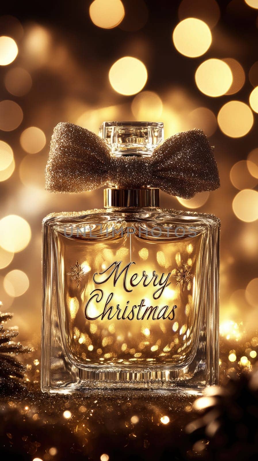 Transparent perfume bottle with Merry Christmas text and a bow on golden bokeh background with copy space. New Year gift.