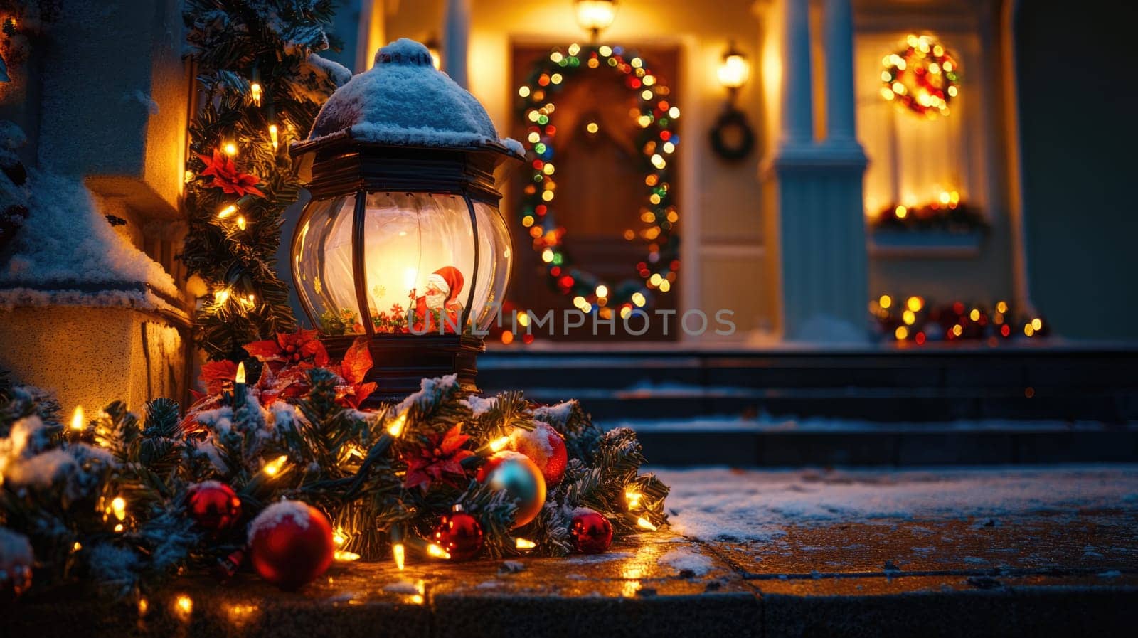 Christmas decorations with lights, garlands and lantern in front of a house at night. Holiday illumination outdoors.