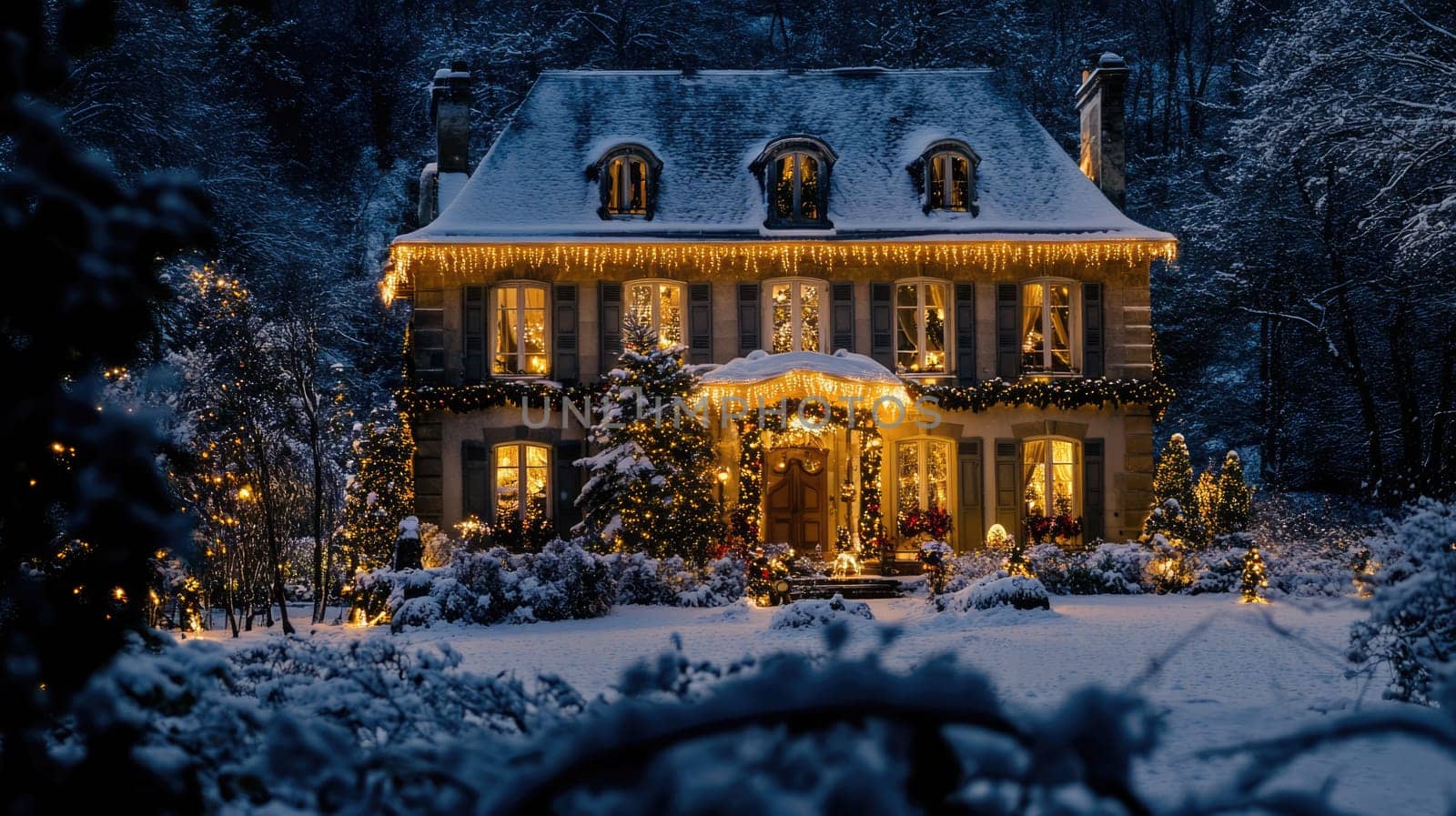 French style house decorated and illuminated for Christmas and New Year. City mansion in winter park covered with snow.