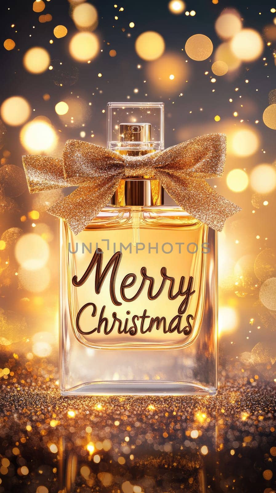 Transparent perfume bottle with Merry Christmas text and a bow on golden bokeh background with copy space. New Year gift.