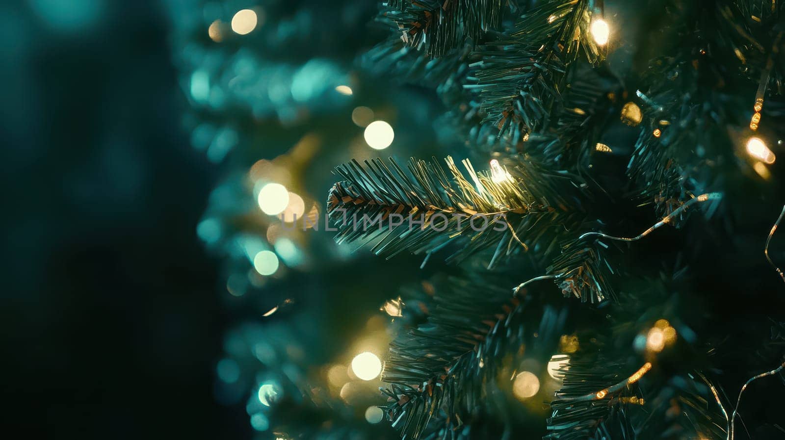 Green Christmas tree branches adorned with warm white lights create a cozy and festive atmosphere during the holiday season.