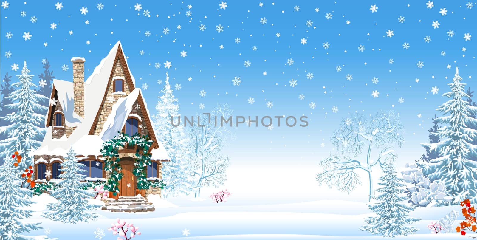 Snowy house decorated for Christmas Winter night. Winter garden, snowy estate. Snowflakes.