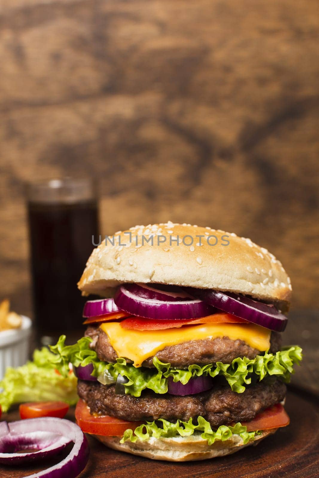 close up burger wooden tray