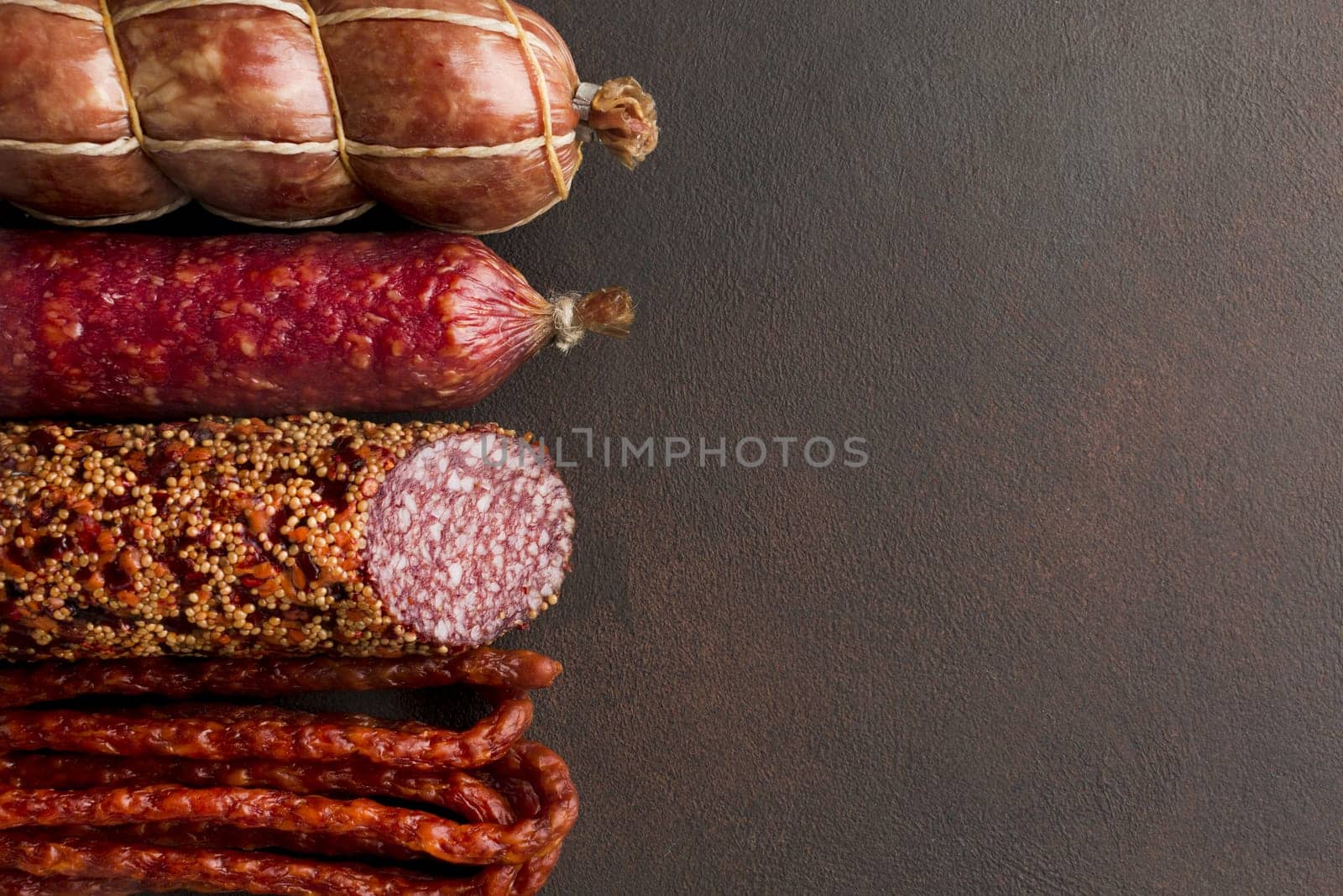 close up variety fresh pork meat with copy space