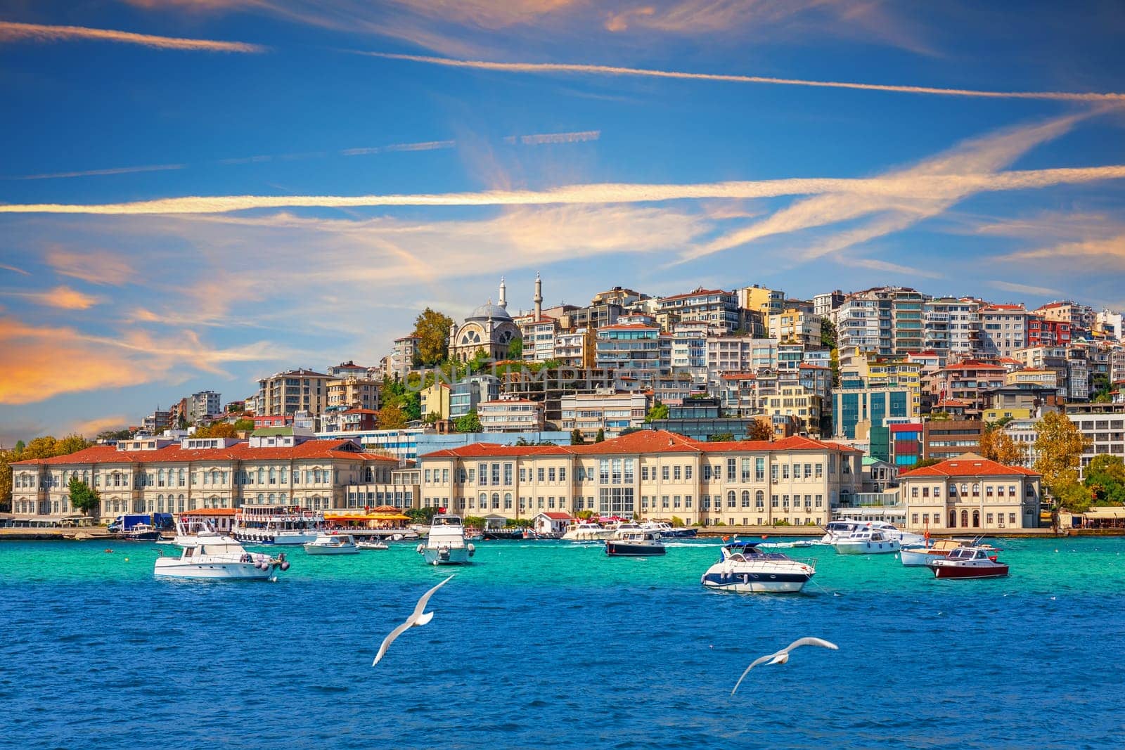 Cihangir Mosque and beautiful houses on the coast of the Bosphorus strait, Istanbul, Turkey.