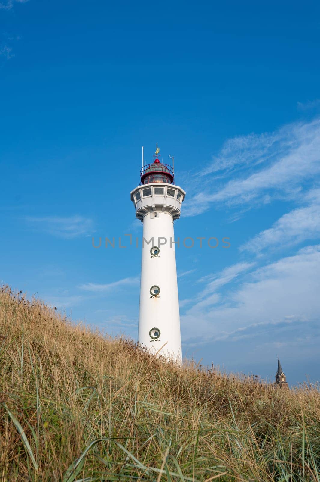The approx. 28 m high white lighthouse J.C.J. van Speijk in Egmond aan Zee, North Holland, Netherlands, in the sand dunes with beach grass