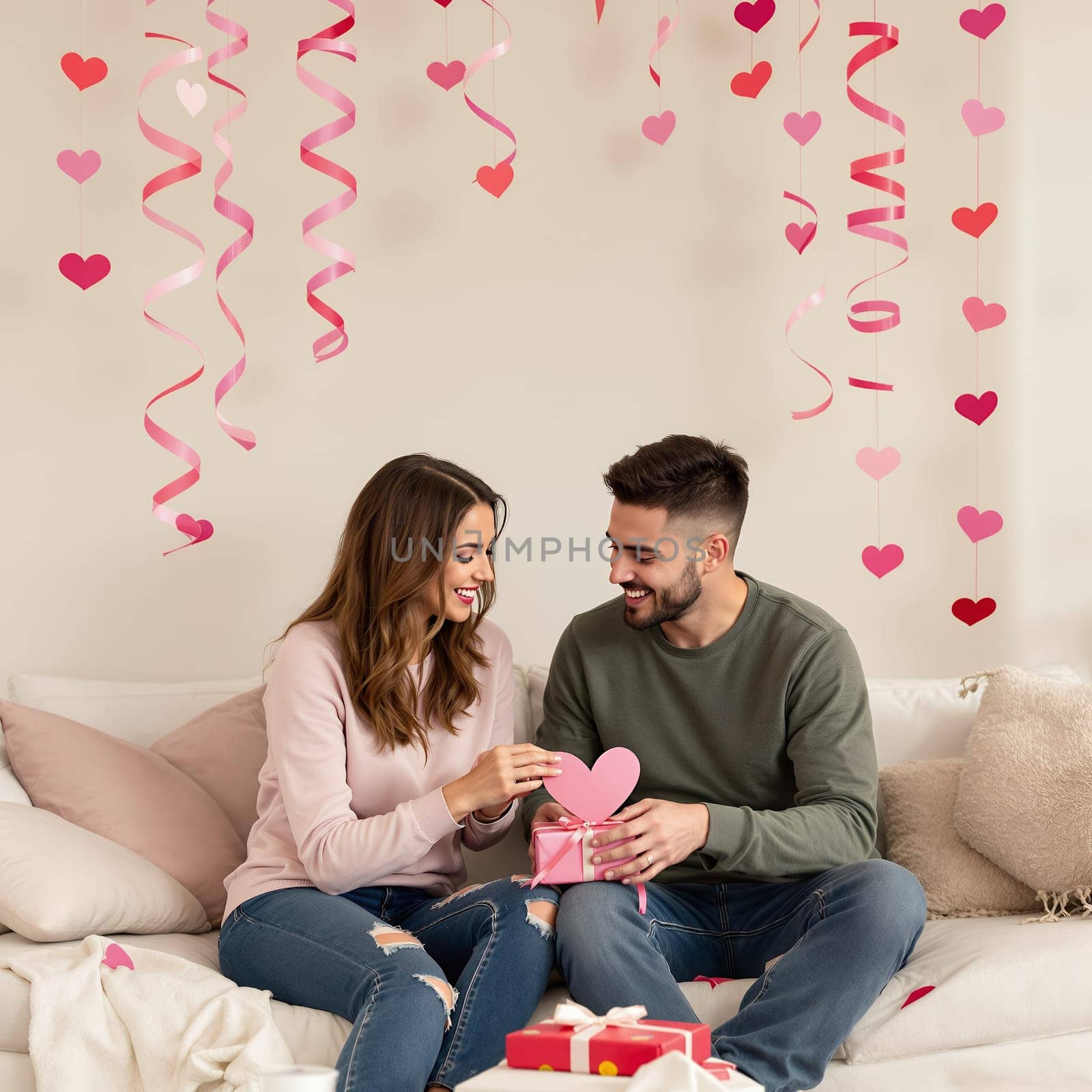 Smiling couple exchanging a gift surrounded by heart shaped decorations, creating a romantic Valentine's Day atmosphere.
