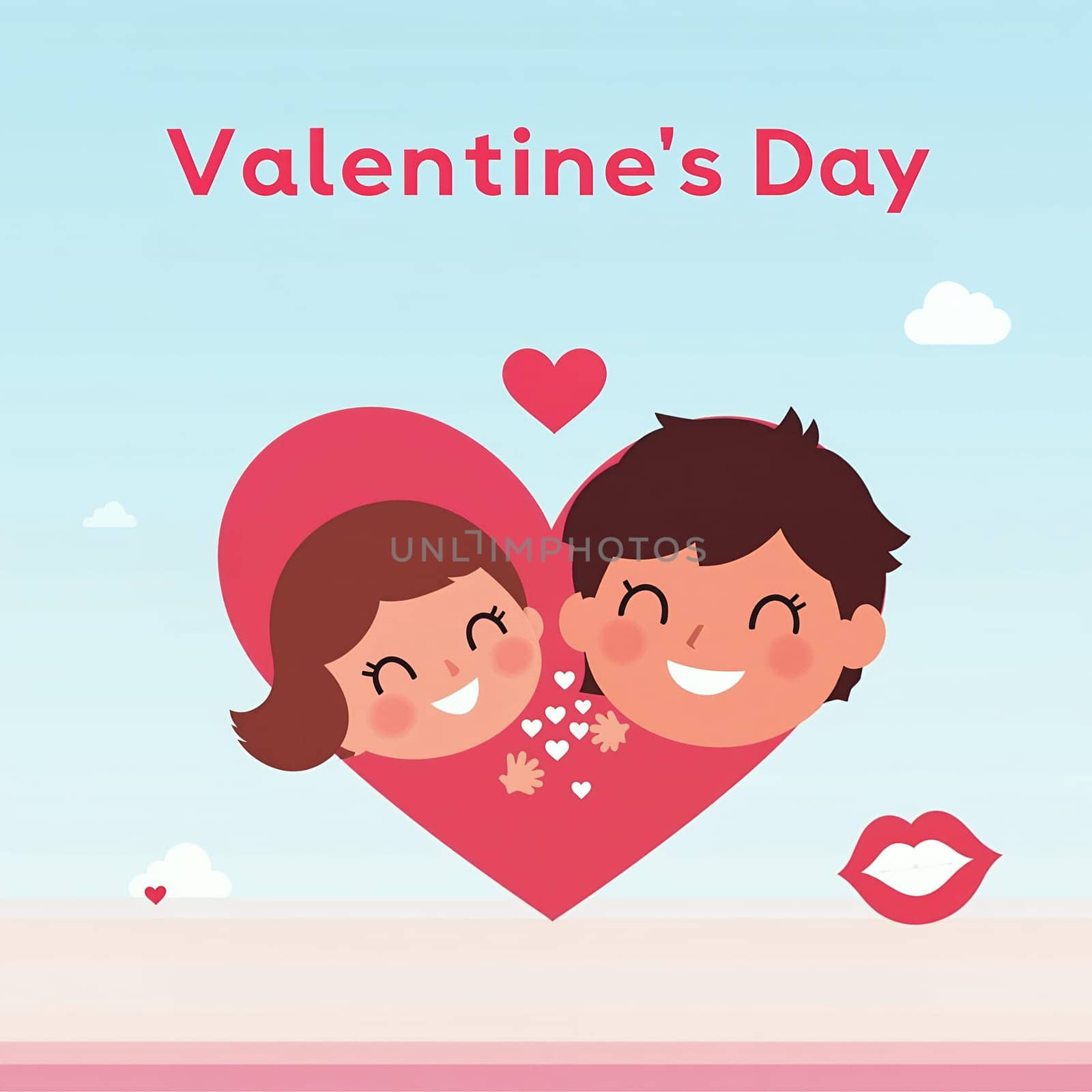 Cute illustration of smiling cartoon characters inside a heart, celebrating Valentine's Day with love and joy.