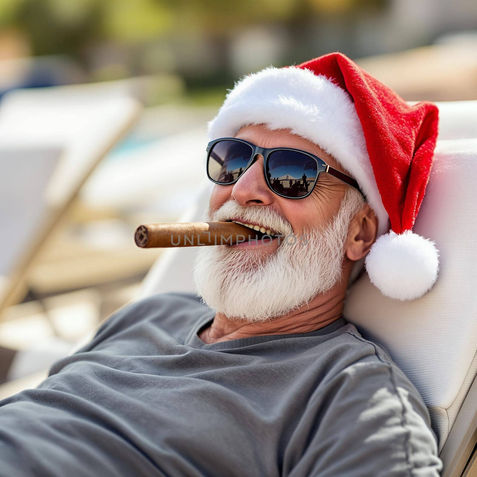 Elderly man wearing a Santa hat, enjoying a cigar and relaxing on a lounge chair under the sun during the holiday season.