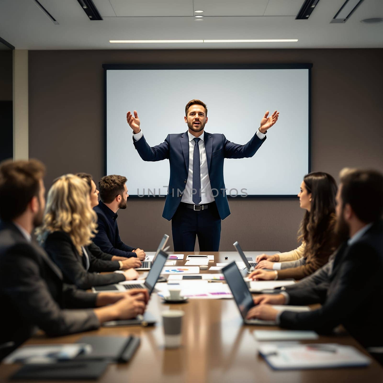 Confident business leader speaking to a team during a professional meeting, emphasizing teamwork and strategy.