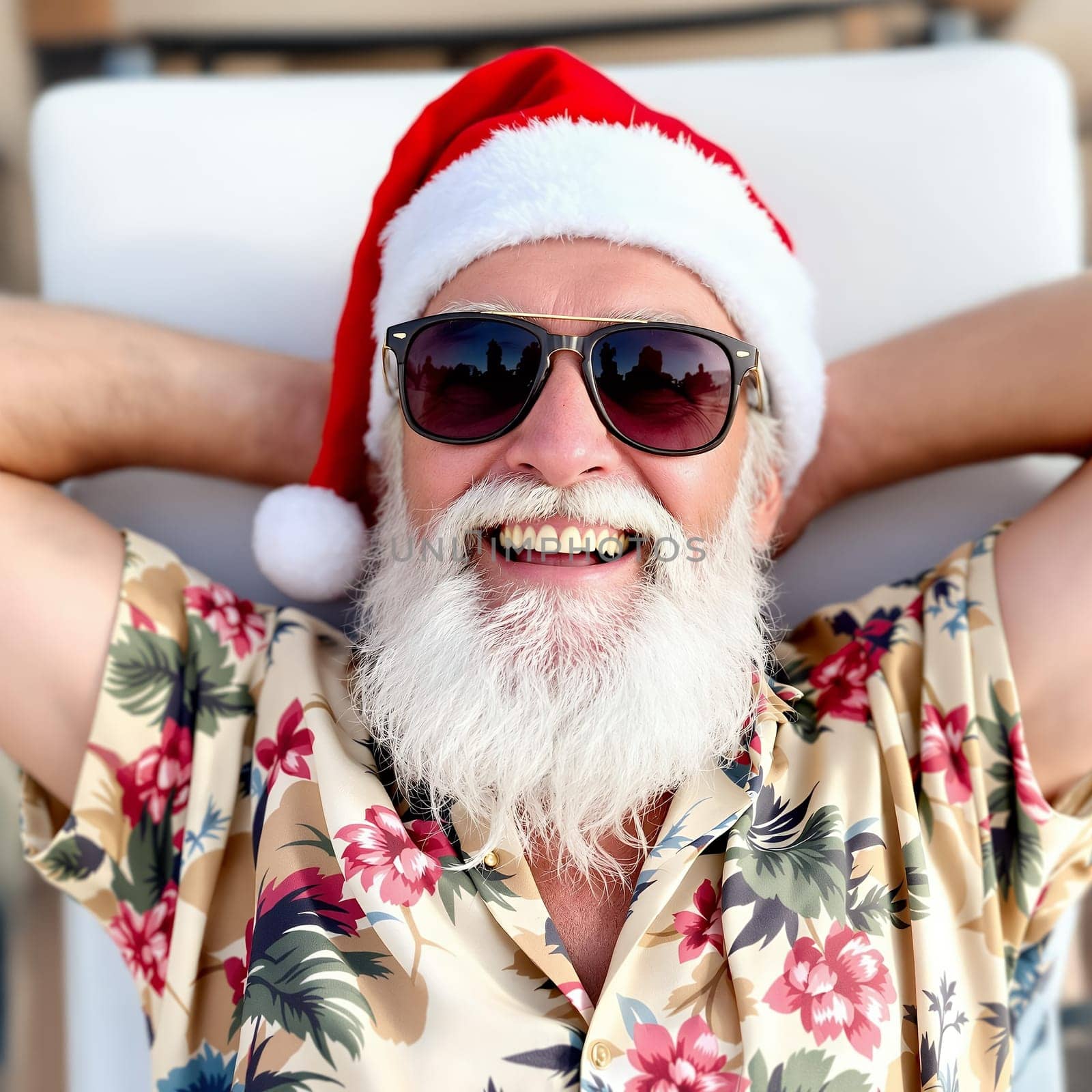 A smiling man with a Santa hat and sunglasses relaxing outdoors in a tropical holiday setting.