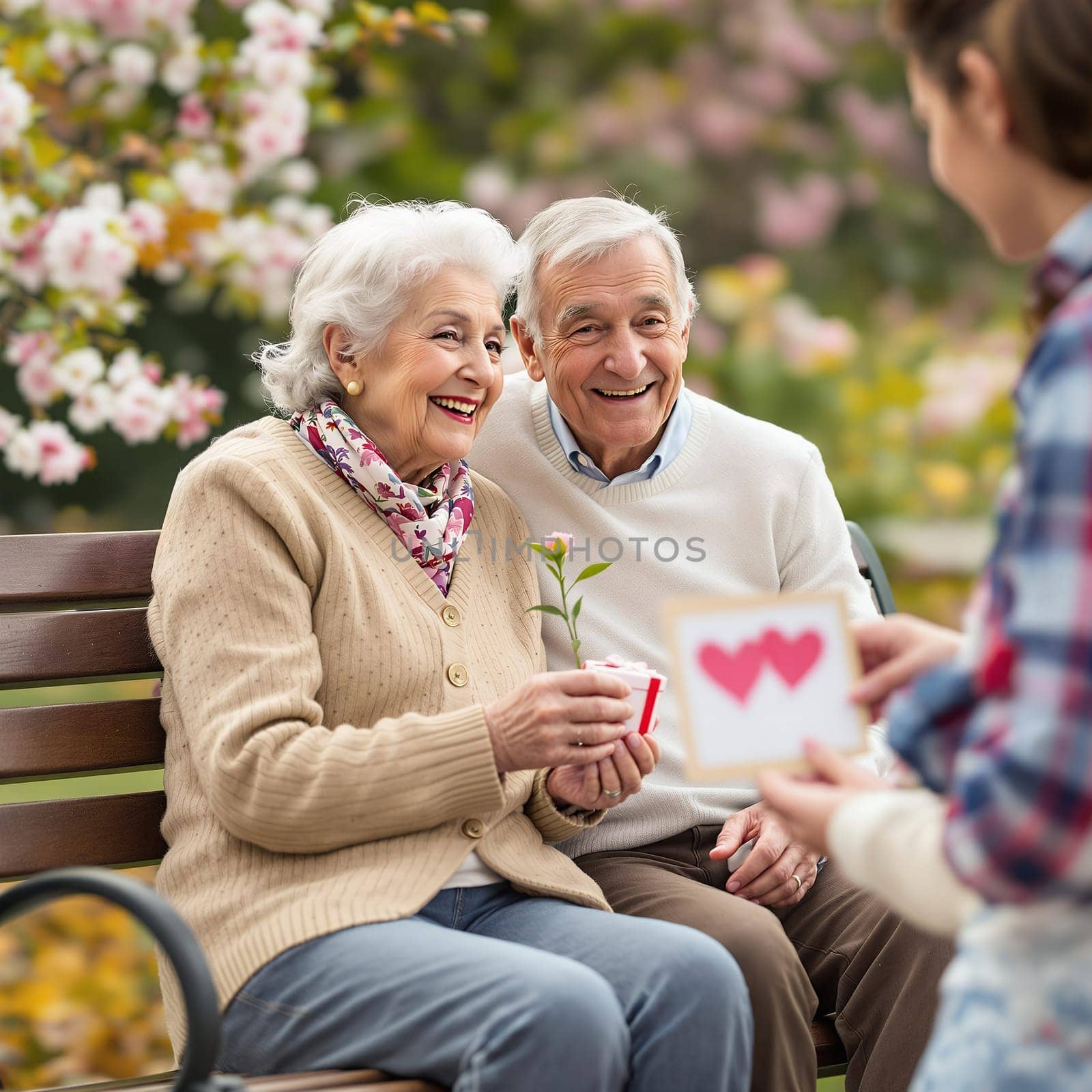 A happy elderly couple sitting on a park bench receiving a Valentine's Day gift from a young woman.